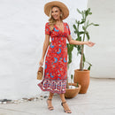 Short-sleeved V-neck floral dress