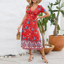 Short-sleeved V-neck floral dress