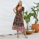 Short-sleeved V-neck floral dress